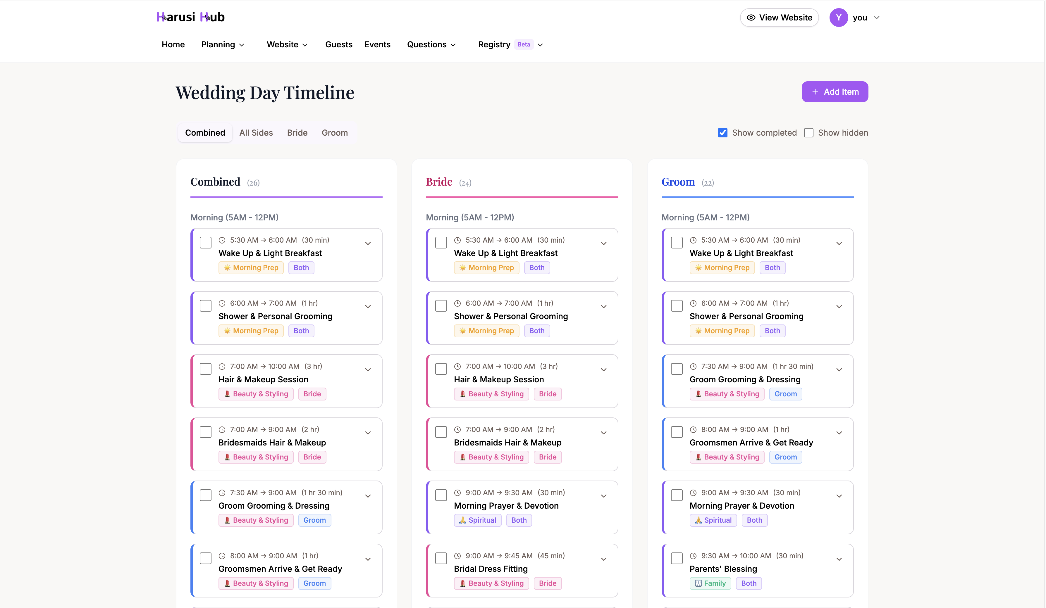 The combined 3-column schedule view showing All, Bride, and Groom columns