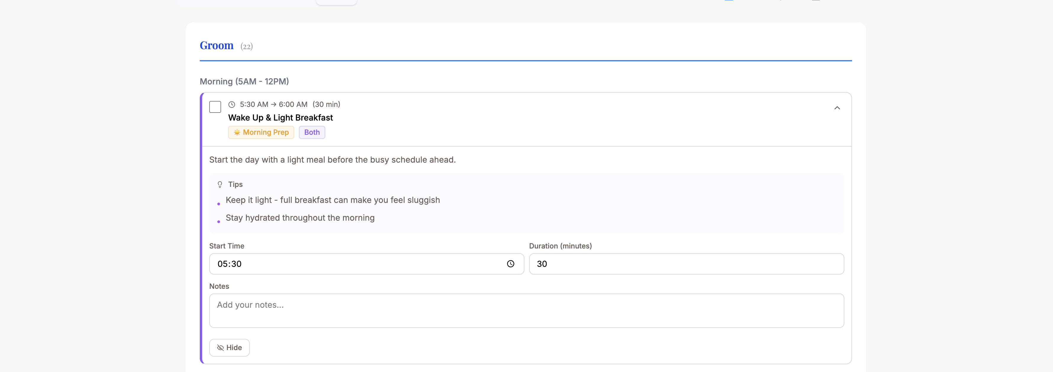 An expanded schedule item showing details, time editing, and side badge