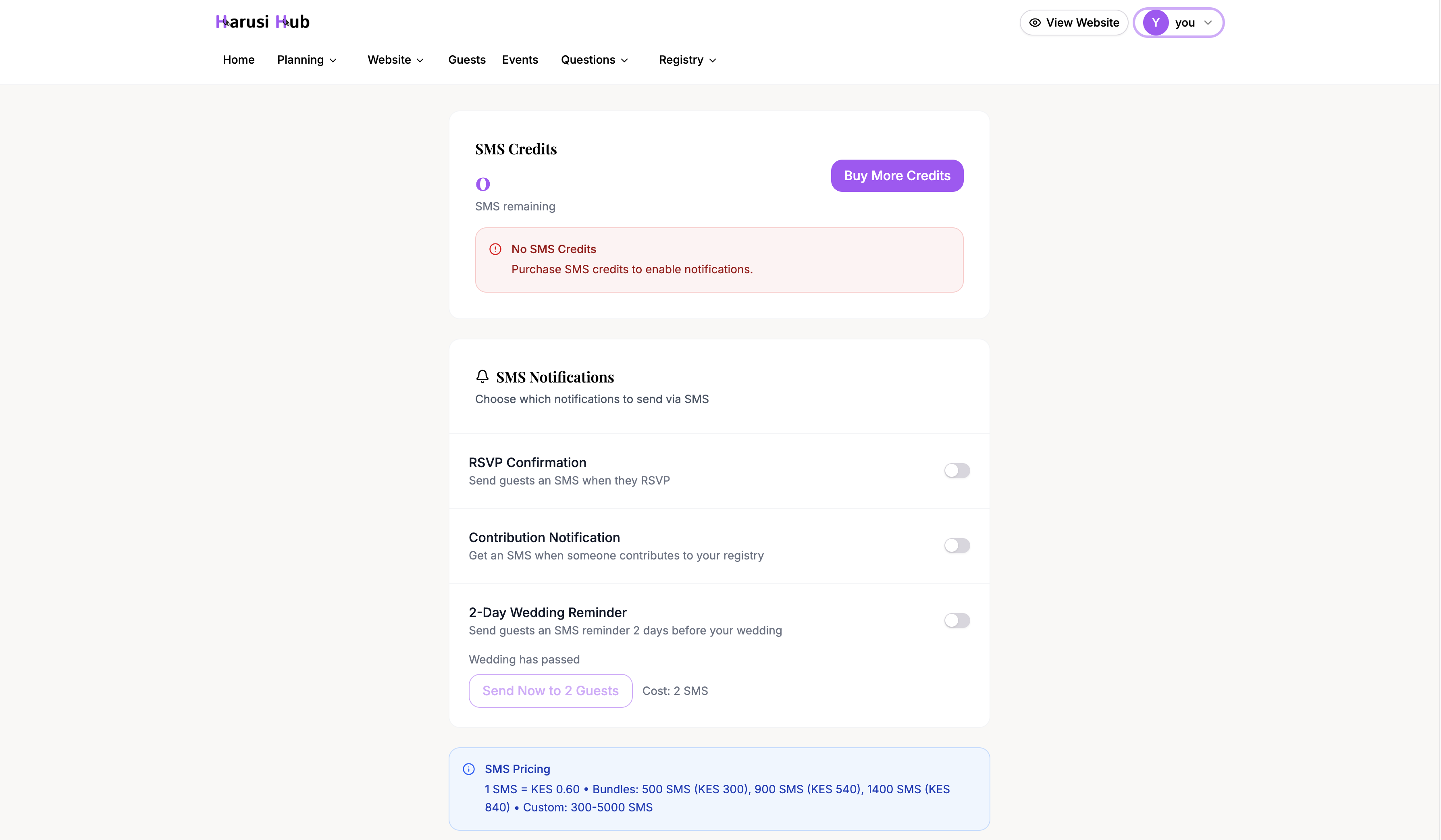 The SMS settings page showing credit balance and notification toggles