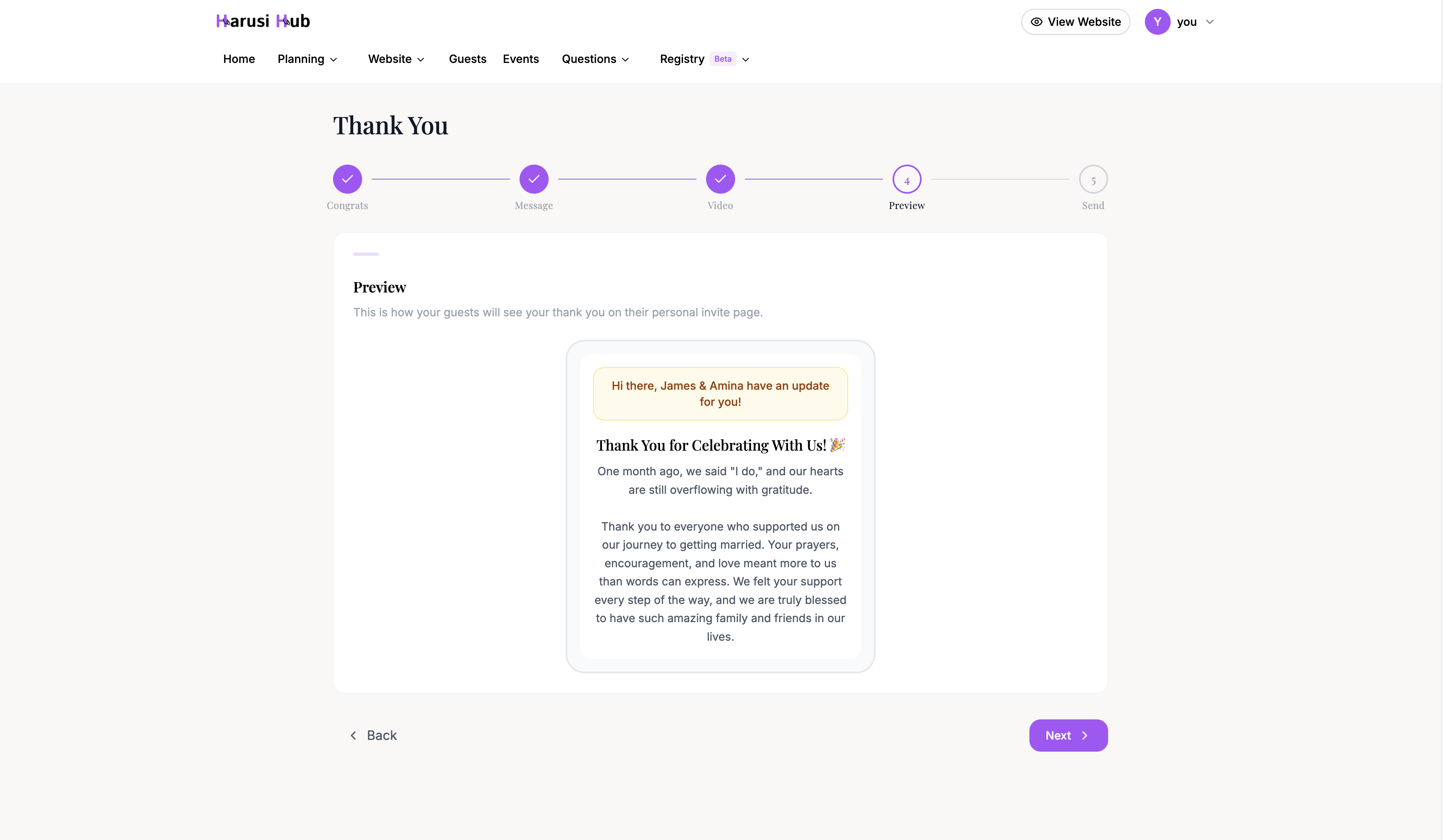 Phone mockup preview showing how guests will see the thank you message and video