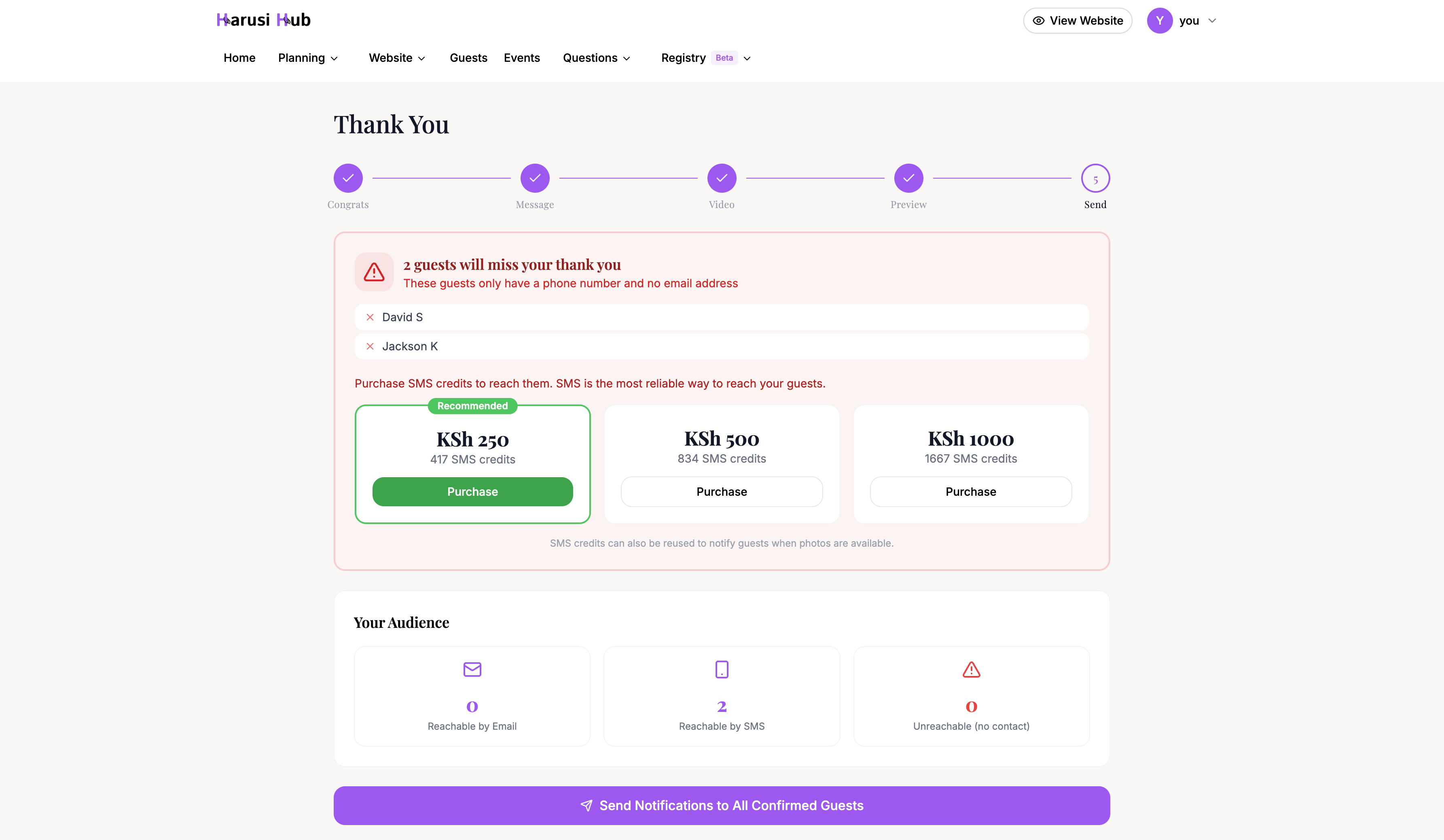 The send step showing audience analytics with email, SMS, and unreachable counts
