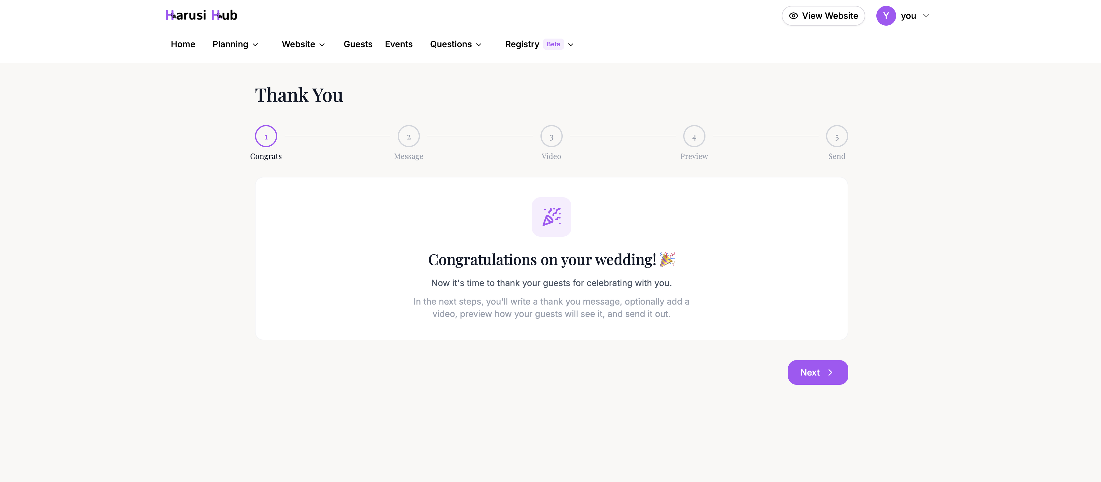 The thank you stepper interface showing all five steps