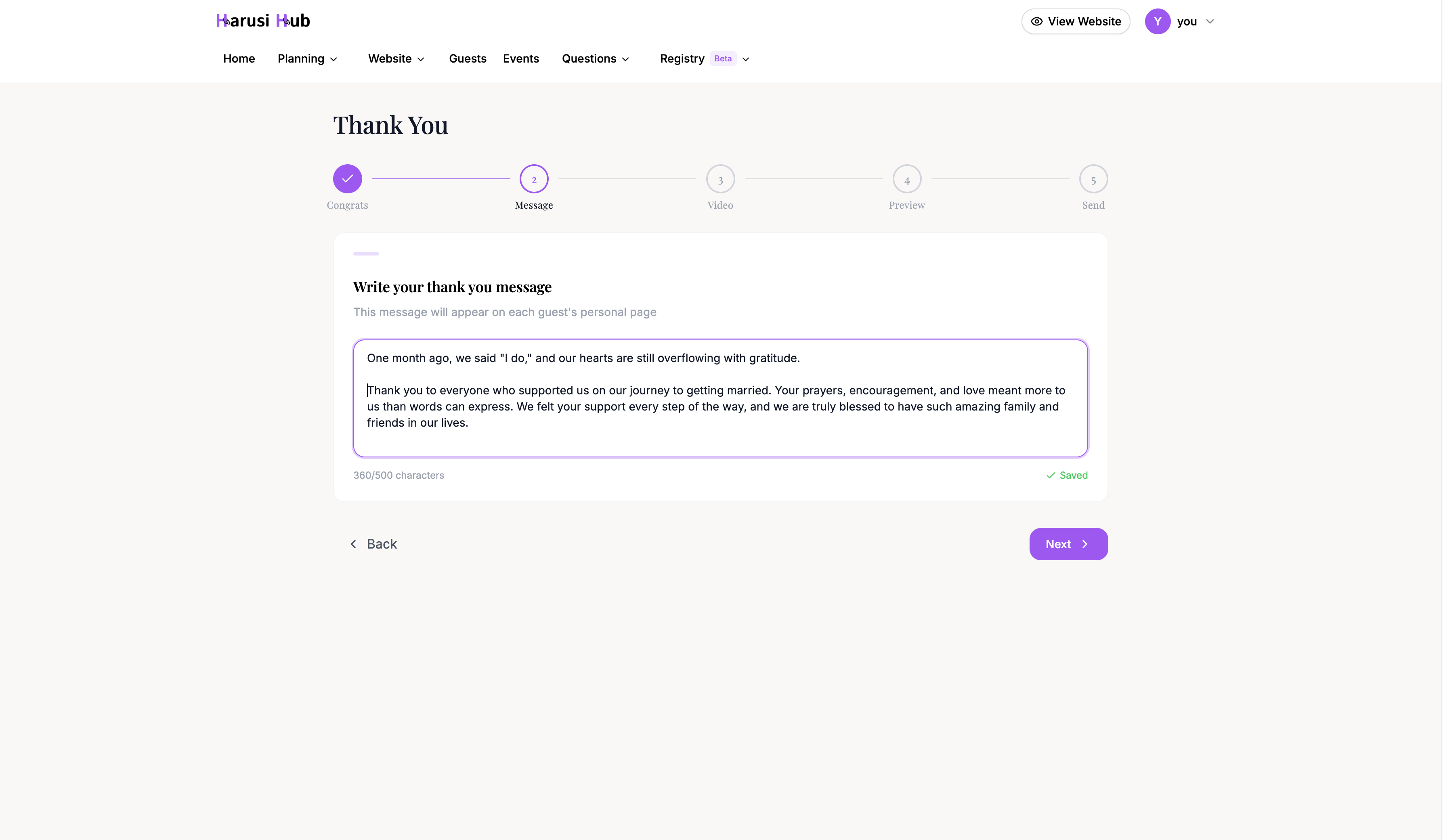 The write message step with the text area, character count, and save status indicator