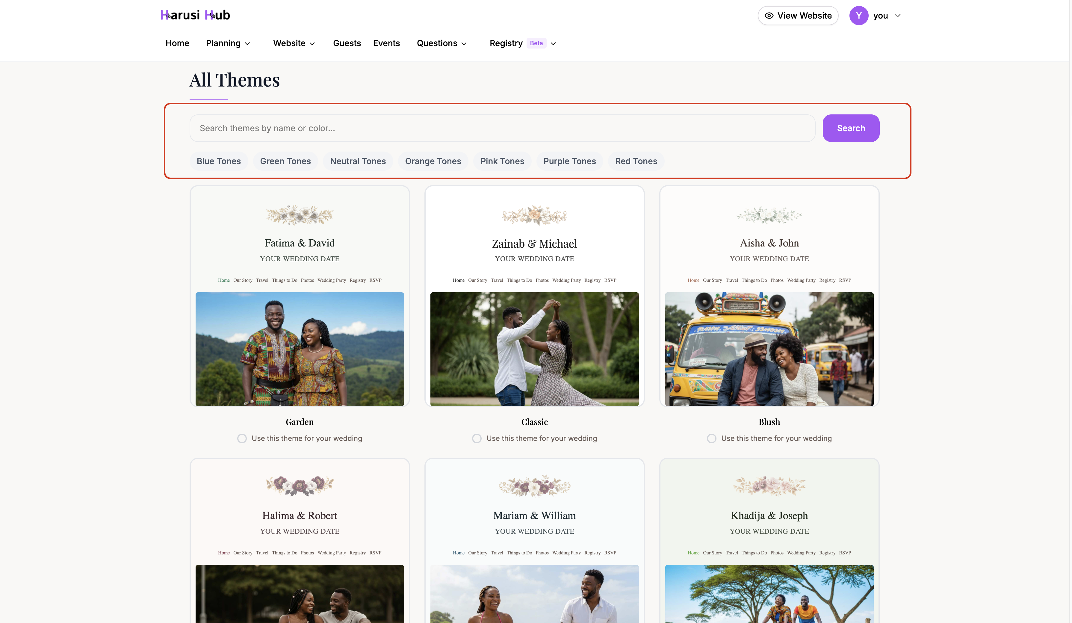 Tag filters and search bar above the theme grid