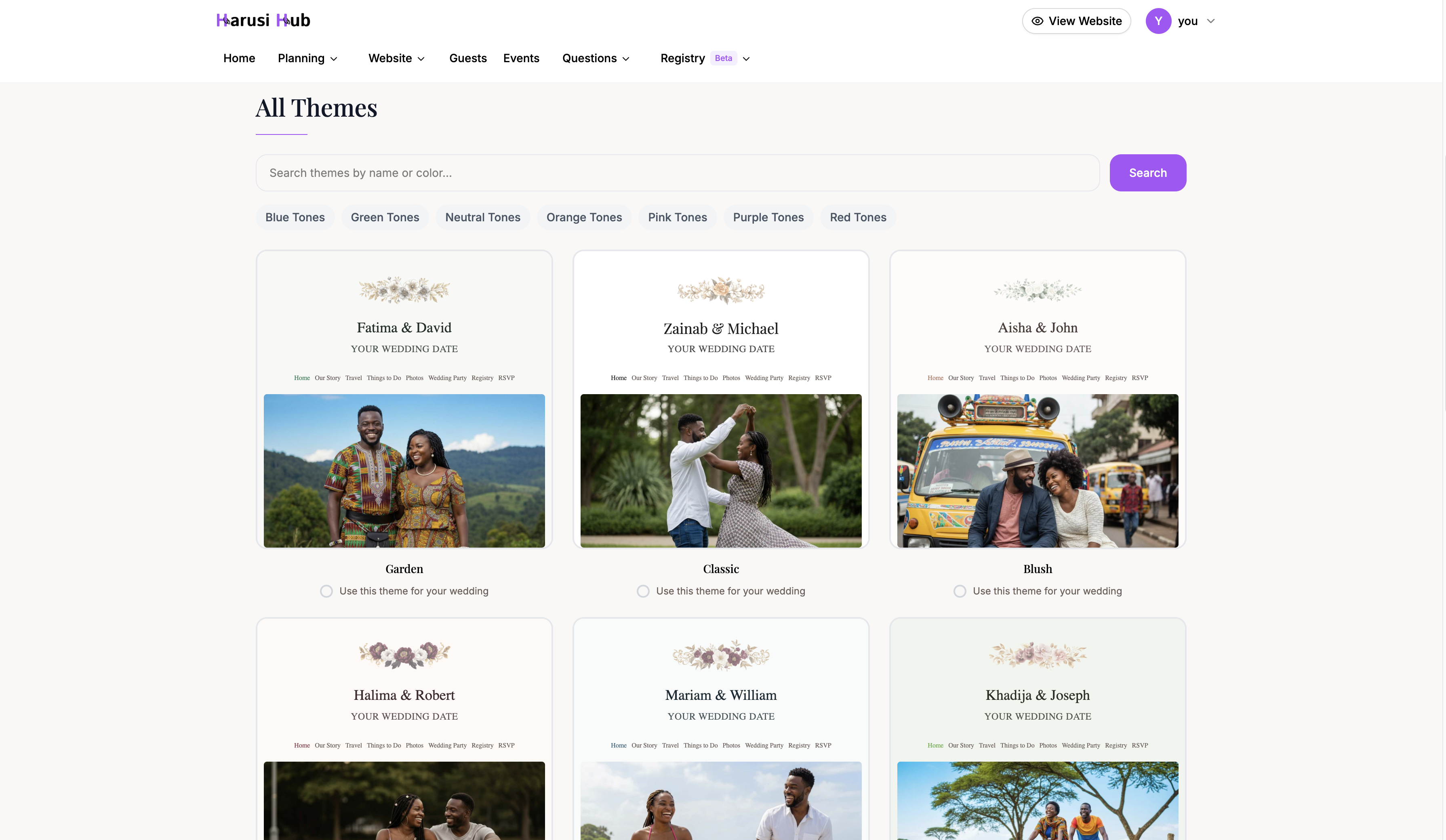 The theme grid showing available themes in a paginated layout