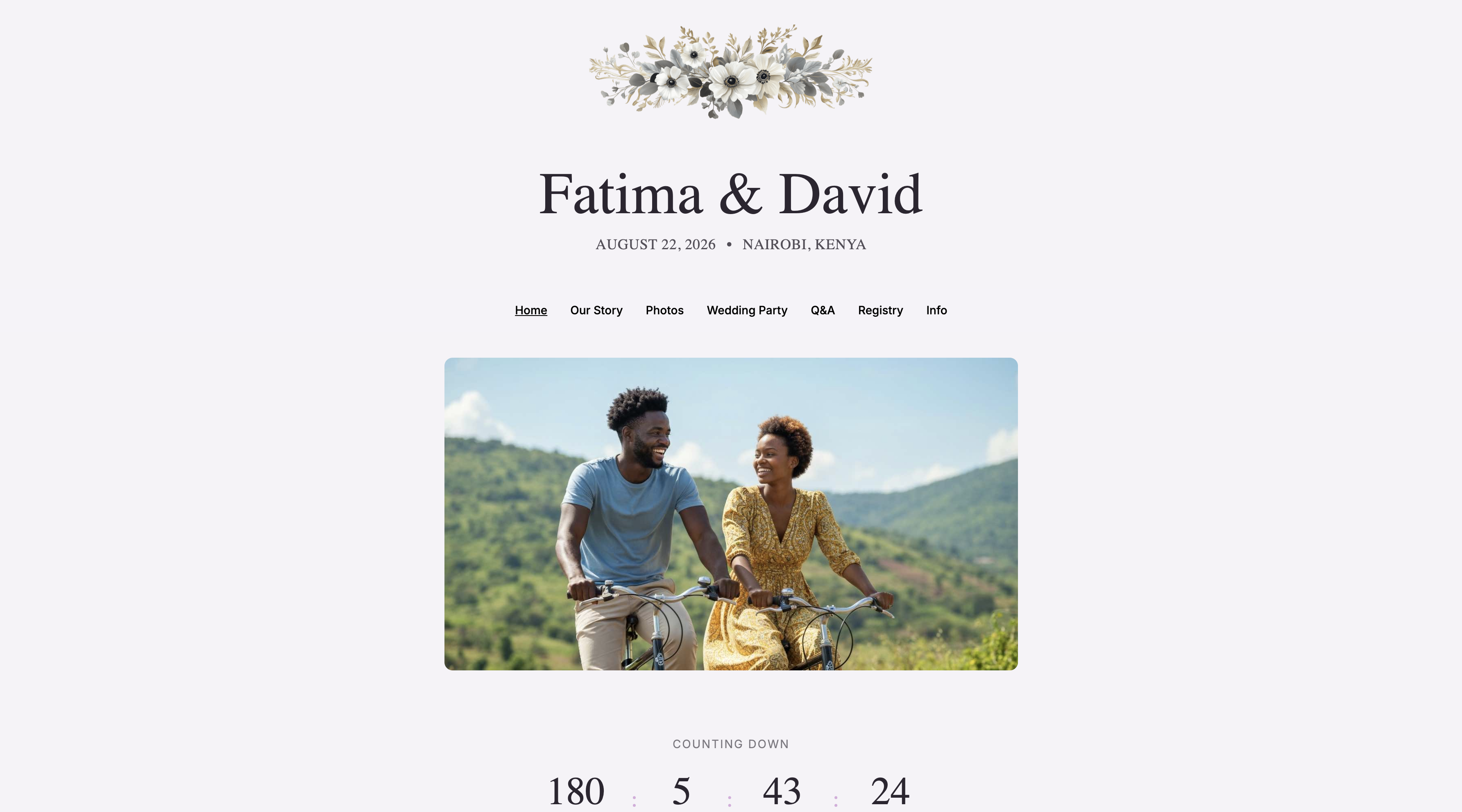 A wedding website preview showing the applied theme with colors, fonts, and decorations